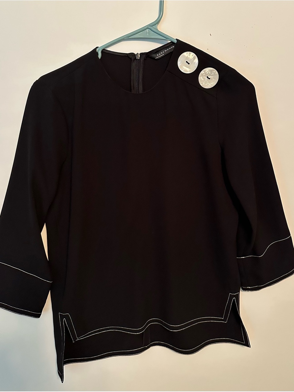 Zara Black Long Sleeve Top with White Contrast Stitching & Pearl Buttons Sz XXS